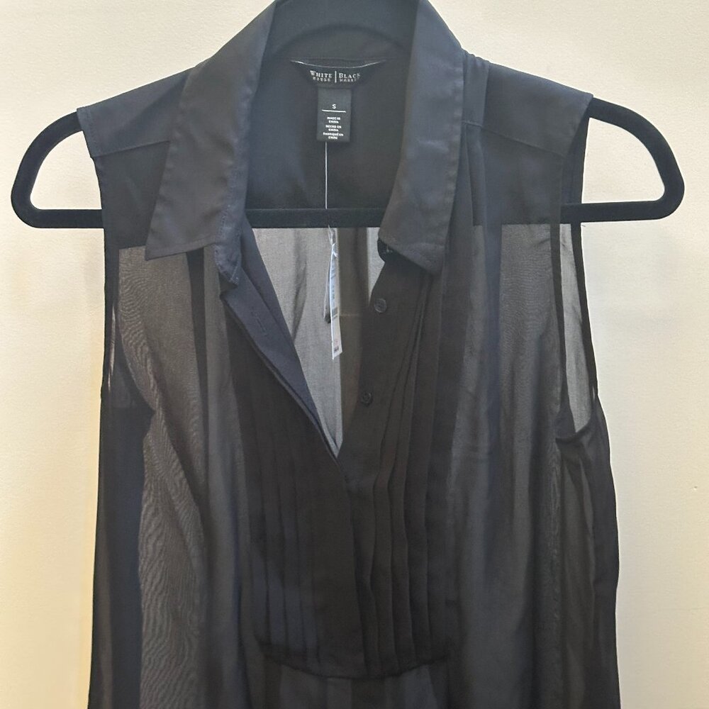 White House Black Market Pleated Bib Sheer Black Tunic Top NWT Sz S - Picture 2 of 9